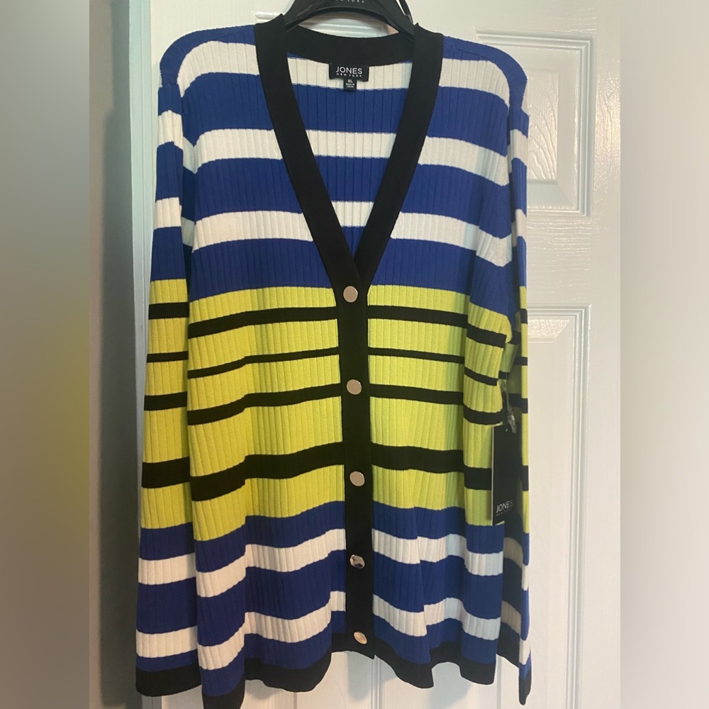 Jones New York XL(16) Ribbed Knit V-Neck Cardigan, blk/chartreuse green, NWT $99
